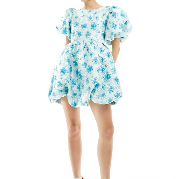 Floral Blue and White Puff Sleeve Dress - Picture 4 of 4